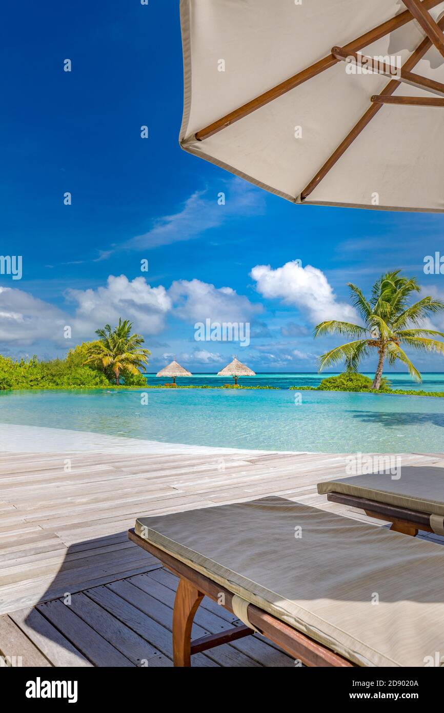 Summer tourism landscape. Luxurious beach resort with swimming pool and beach chairs or loungers under umbrellas infinity pool palm trees, blue sky Stock Photo