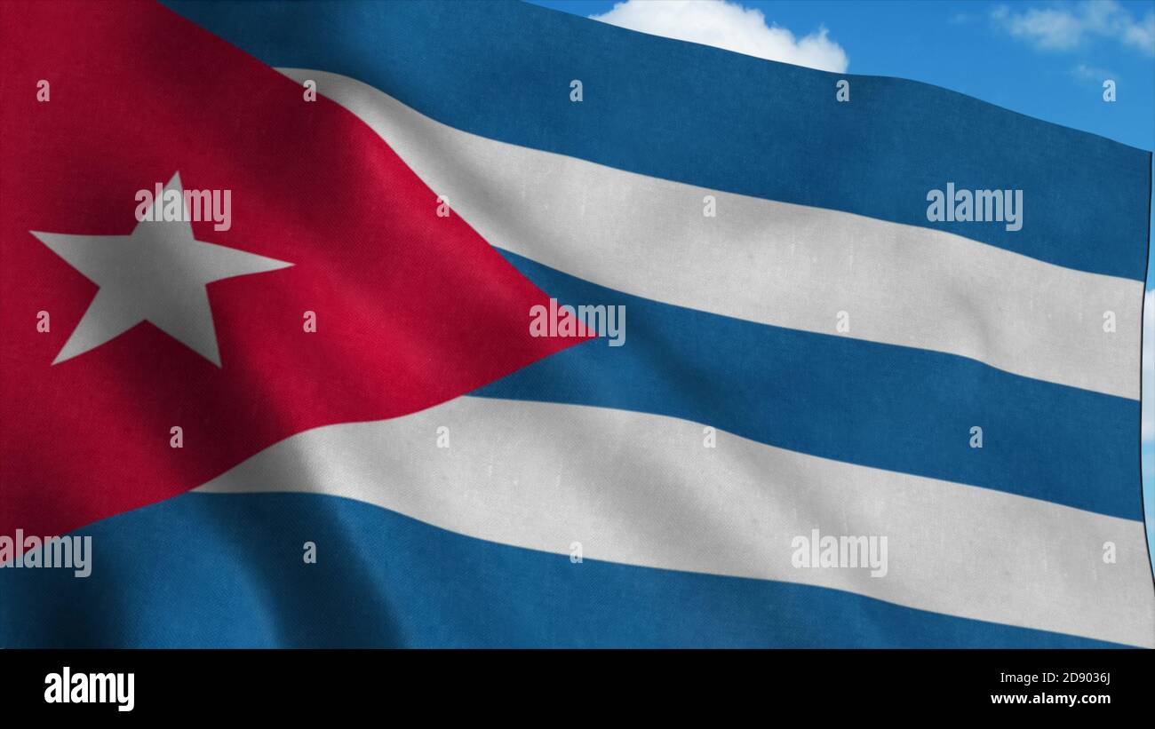 The national flag of Cuba waving in the wind, blue sky background. 3d ...