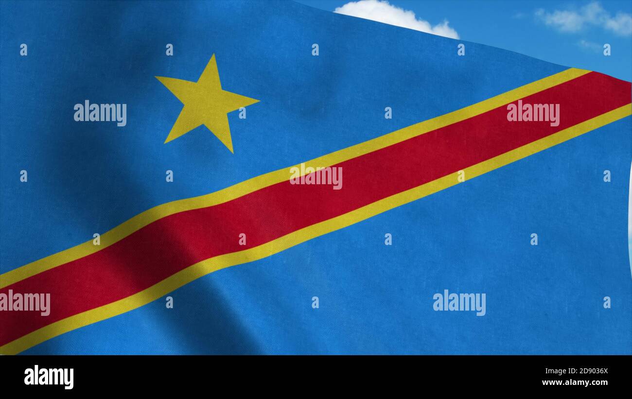 National flag Democratic Republic of the Congo, blue sky background. 3d ...