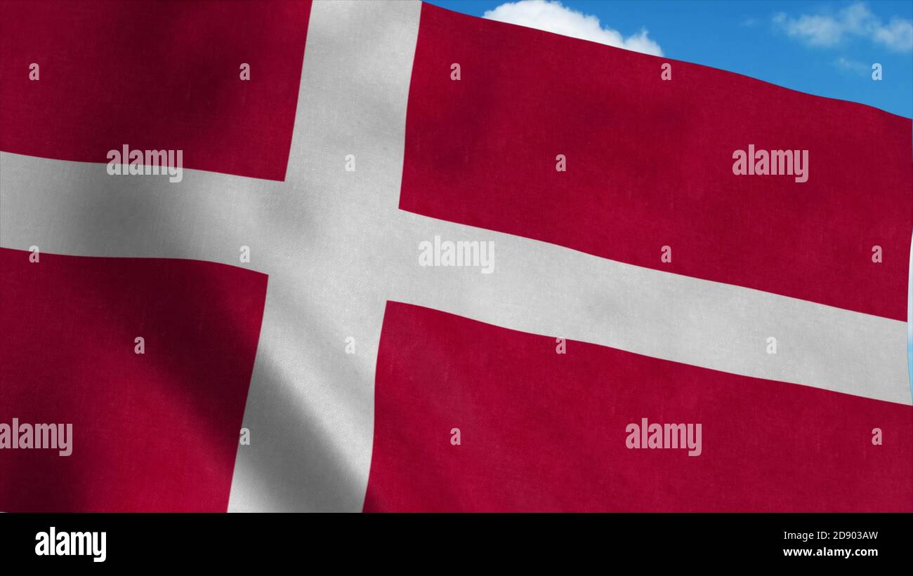 Denmark flag waving in the wind, blue sky background. 3d rendering Stock Photo