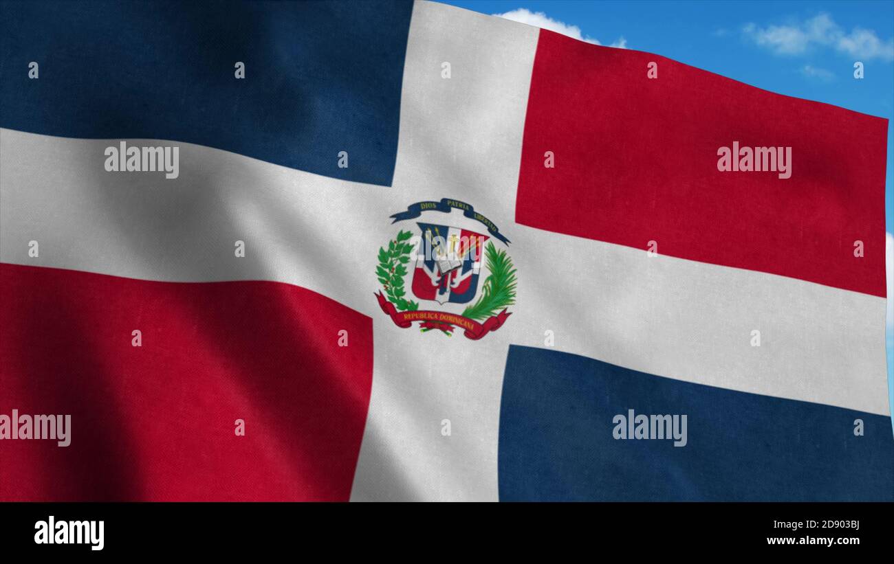 Big Dominican Republic flag waving in the wind, blue sky background. 3d