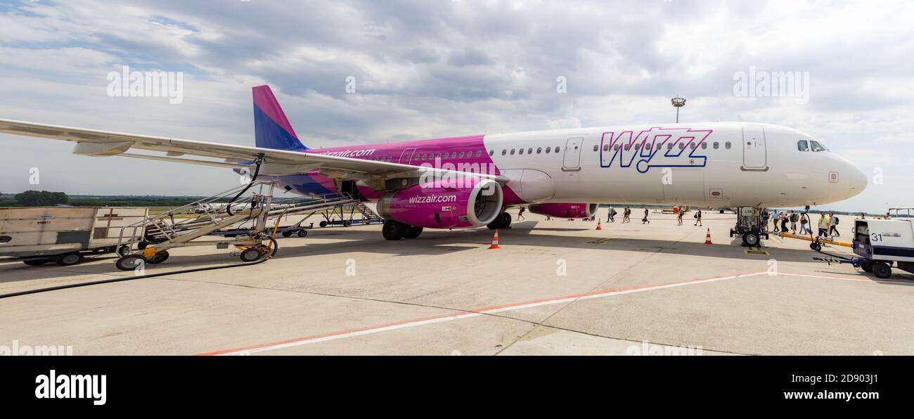 05.07.2019: Budapest, Hungary: Passengers boarding wizzair plane ...