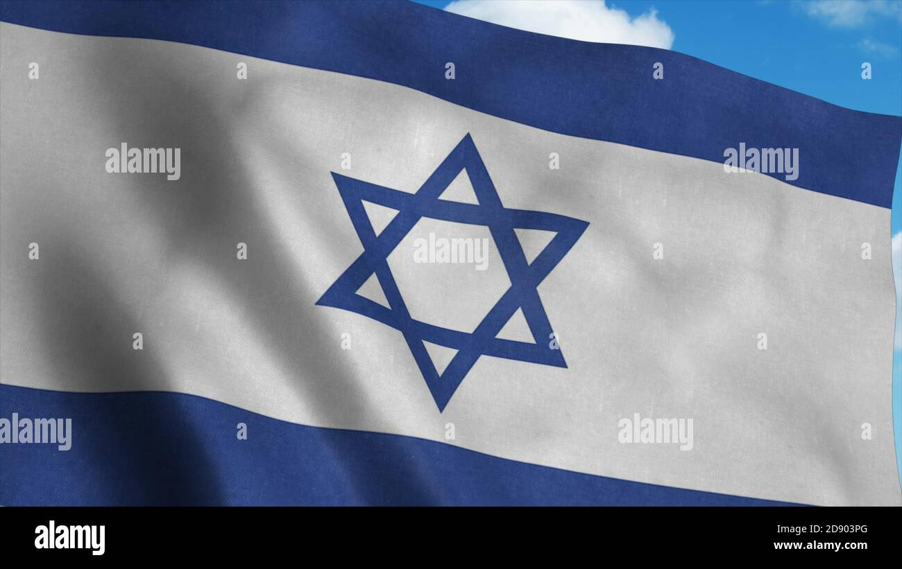 The national flag of Israel waving in the wind, blue sky background. 3d ...