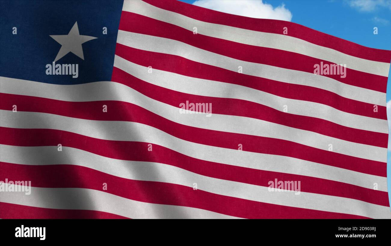 Liberia flag waving in the wind, blue sky background. 3d rendering ...