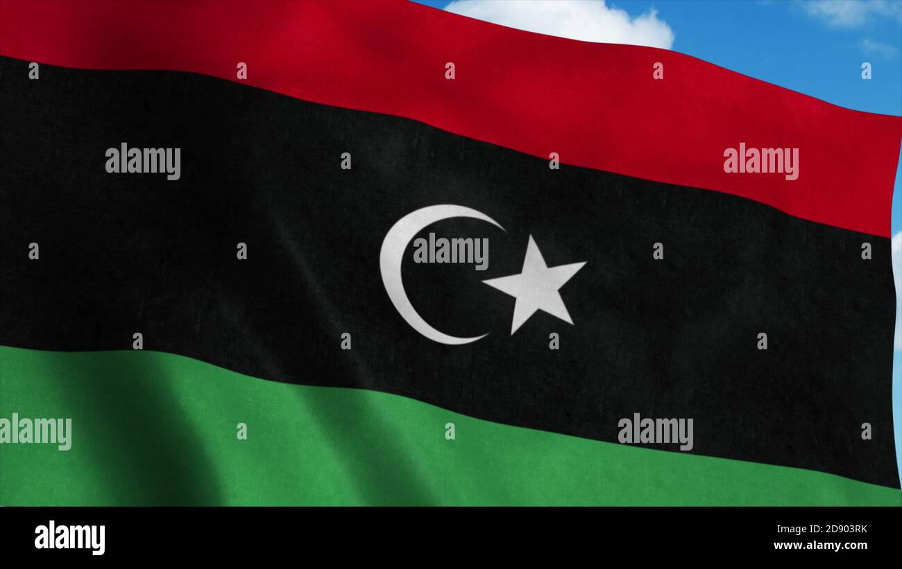Libya National flag waving in the wind, blue sky background. 3d ...