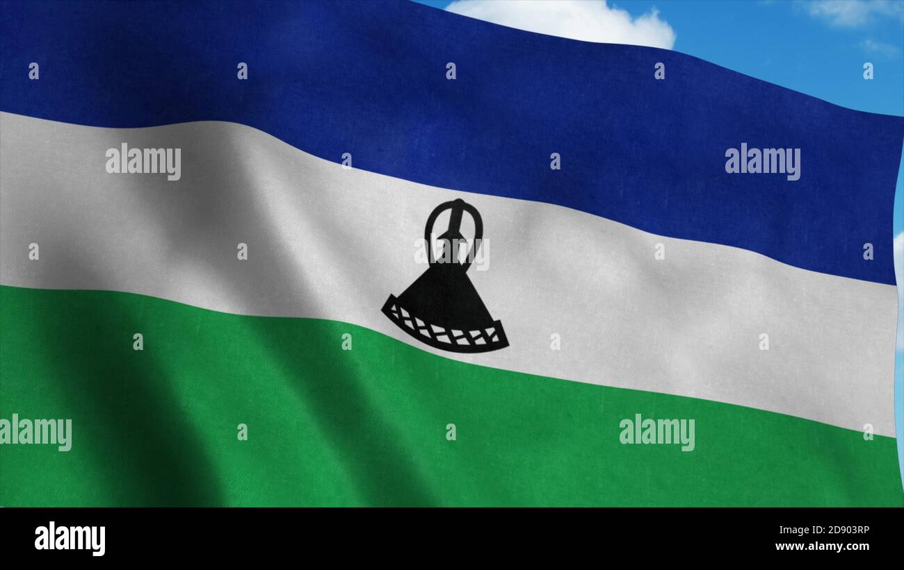 Lesotho flag waving in the wind, blue sky background. 3d rendering ...