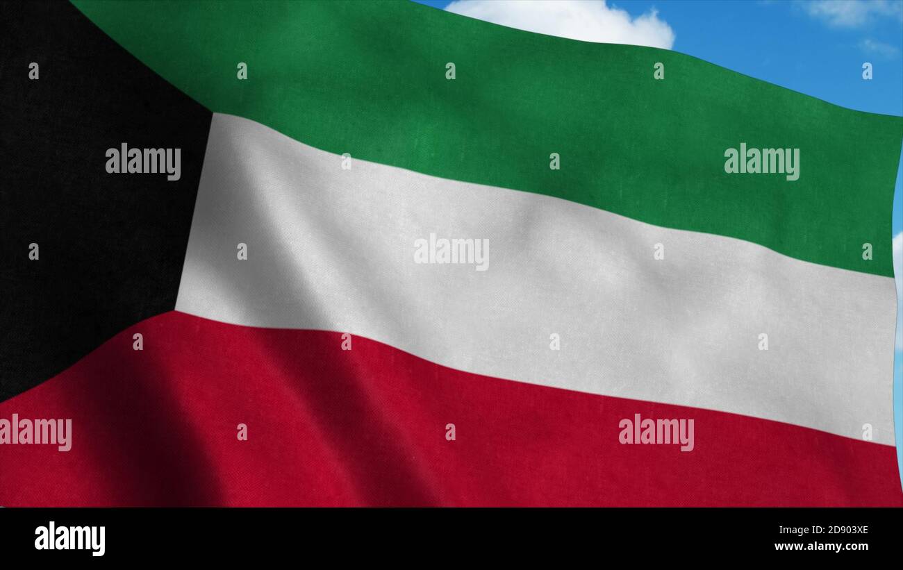 Kuwait flag waving in the wind, blue sky background. 3d rendering Stock ...