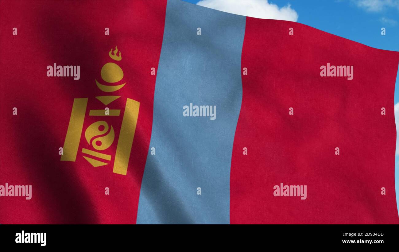 Mongolia flag on a flagpole waving in the wind, blue sky background. 3d ...
