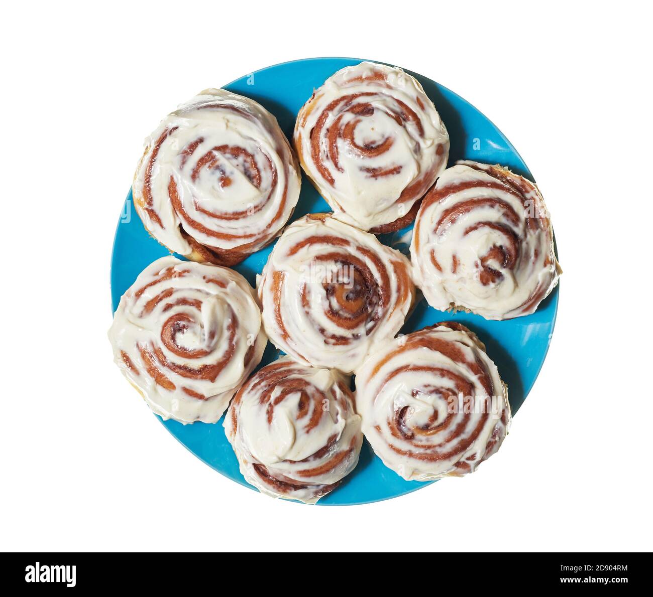 Sweet cinnamon buns from plate on a white isolated background Stock Photo