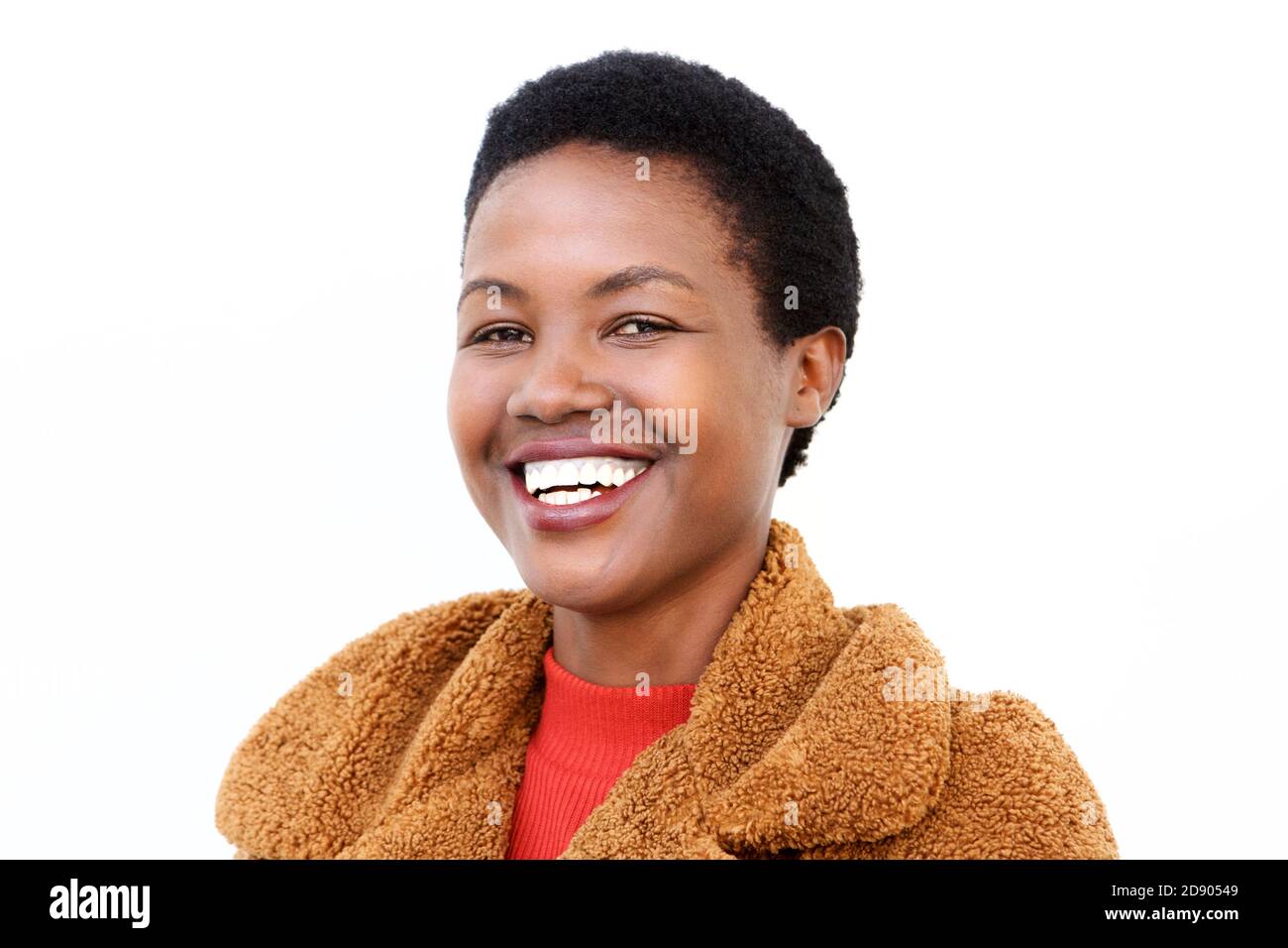 Close up portrait of smiling young african american woman against ...