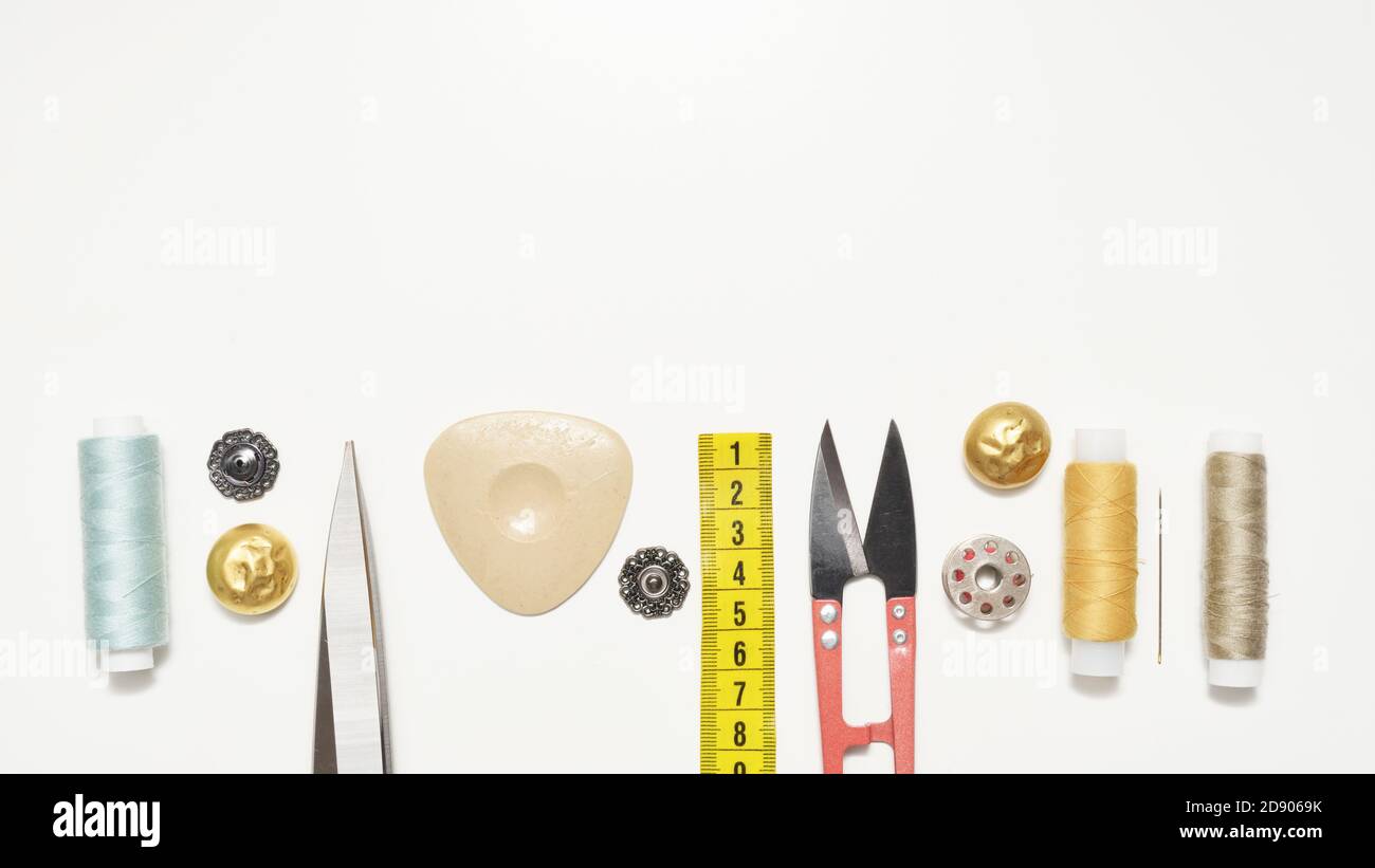 Set of sewing accessories on a white background with a copy space Stock Photo