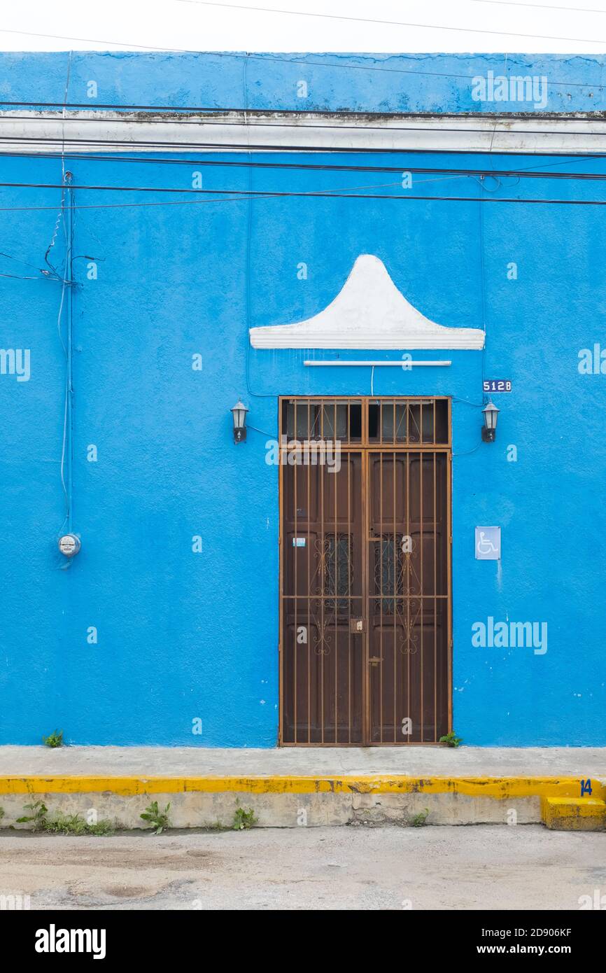 Colonial style facade of a house in Merida old city center , Merida, Yucatan, Mexico Stock Photo