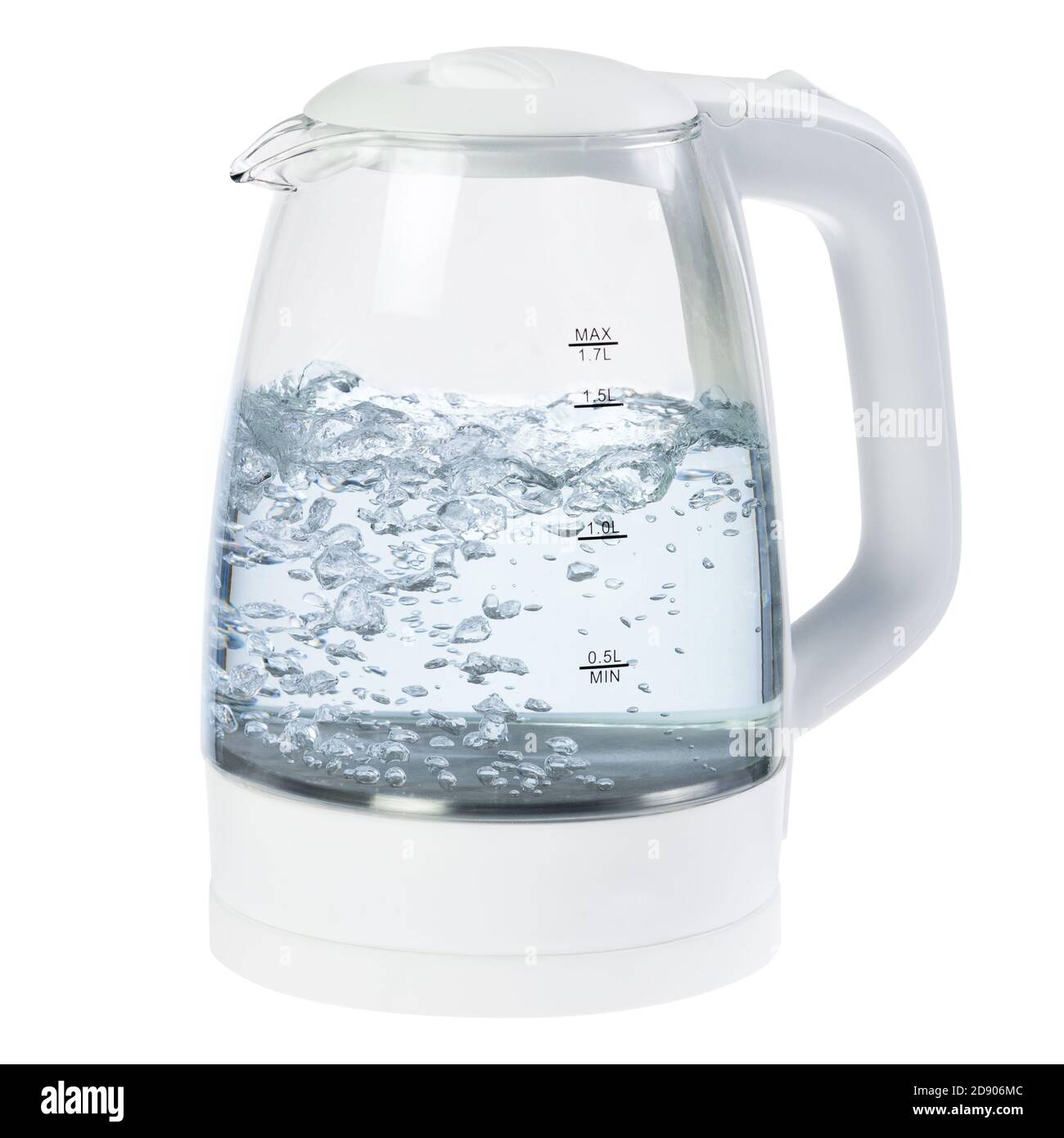 White glass electric kettle with boiling water isolated on white