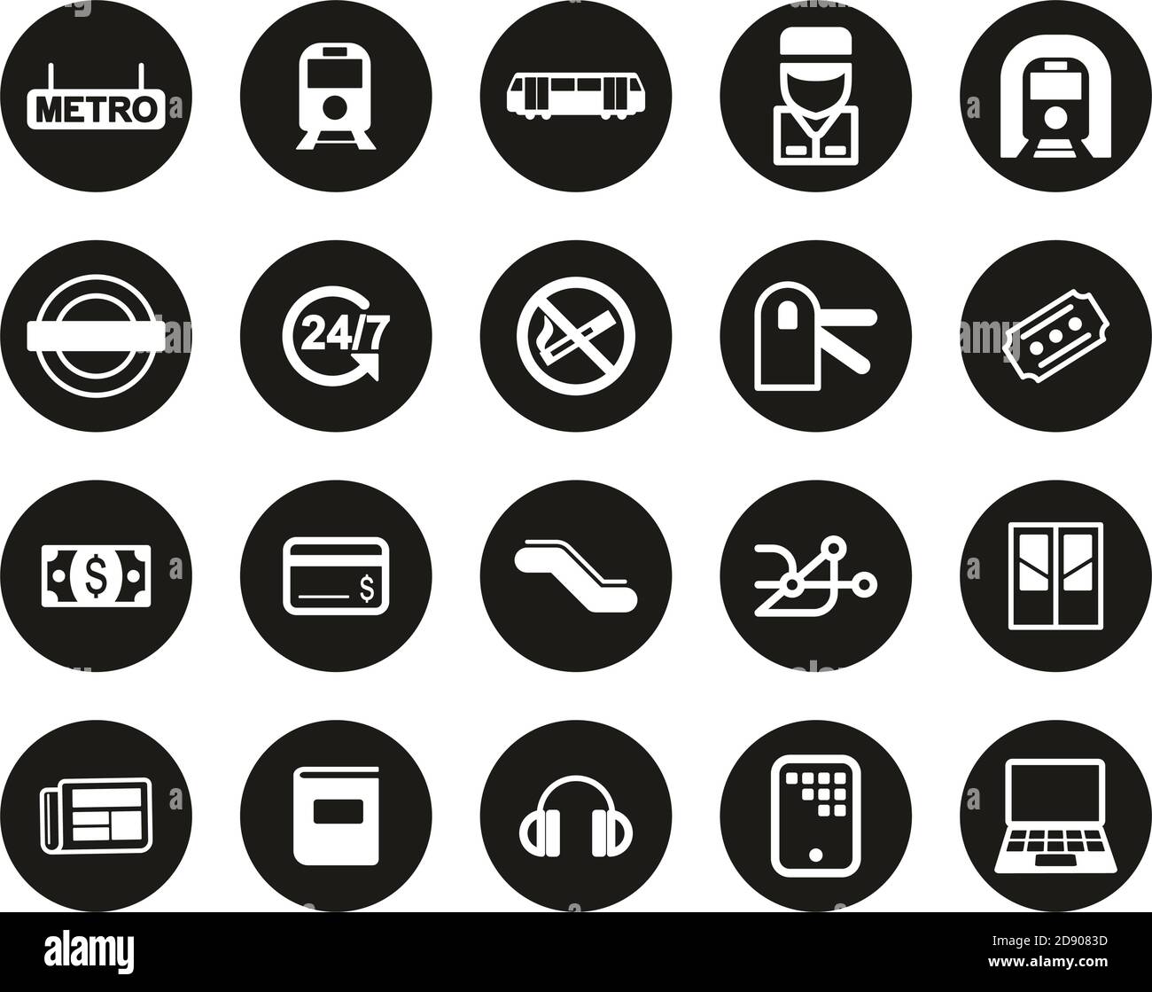 Metro Or Subway Icons White On Black Flat Design Circle Set Big Stock Vector