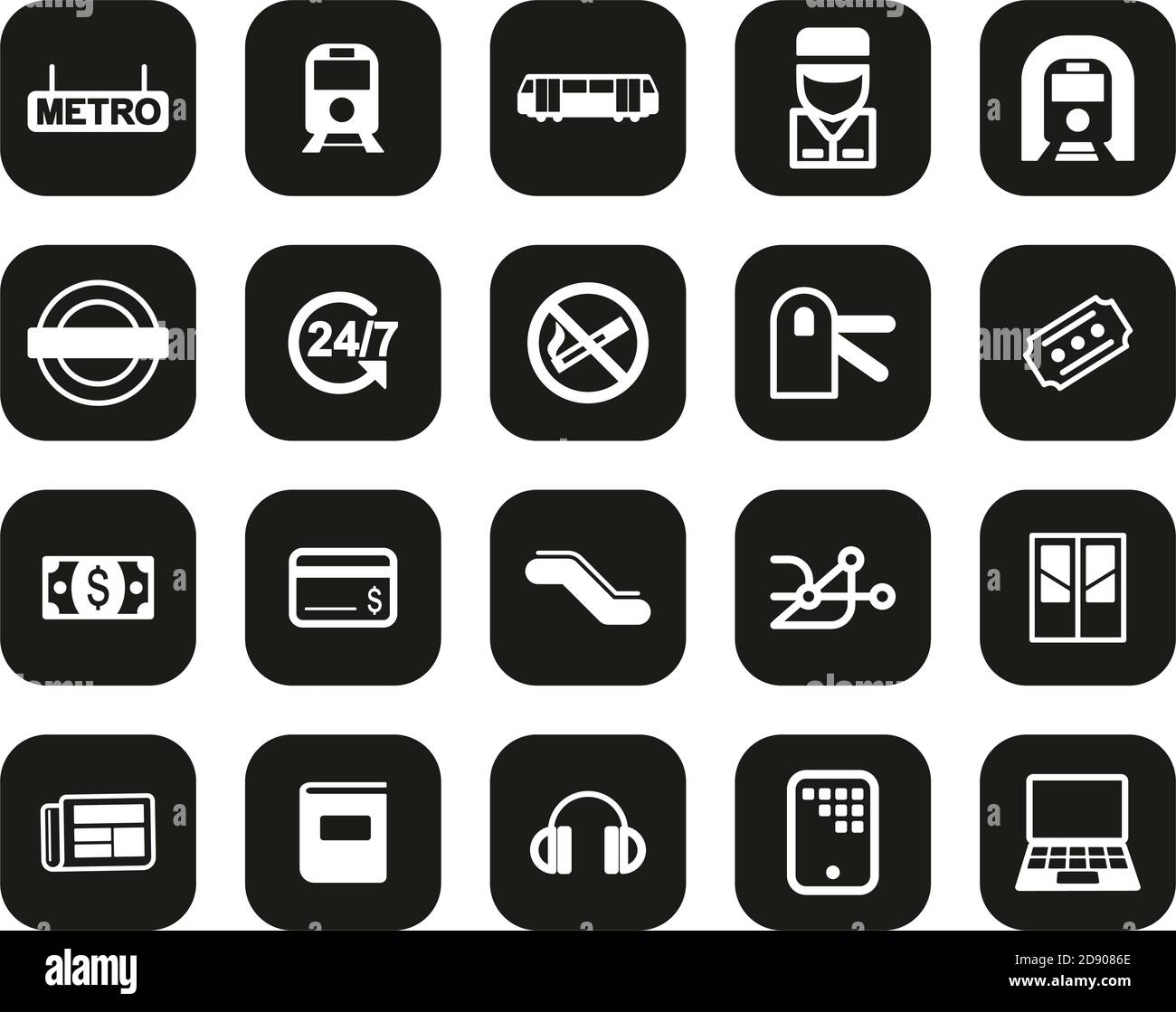 Metro Or Subway Icons White On Black Flat Design Set Big Stock Vector