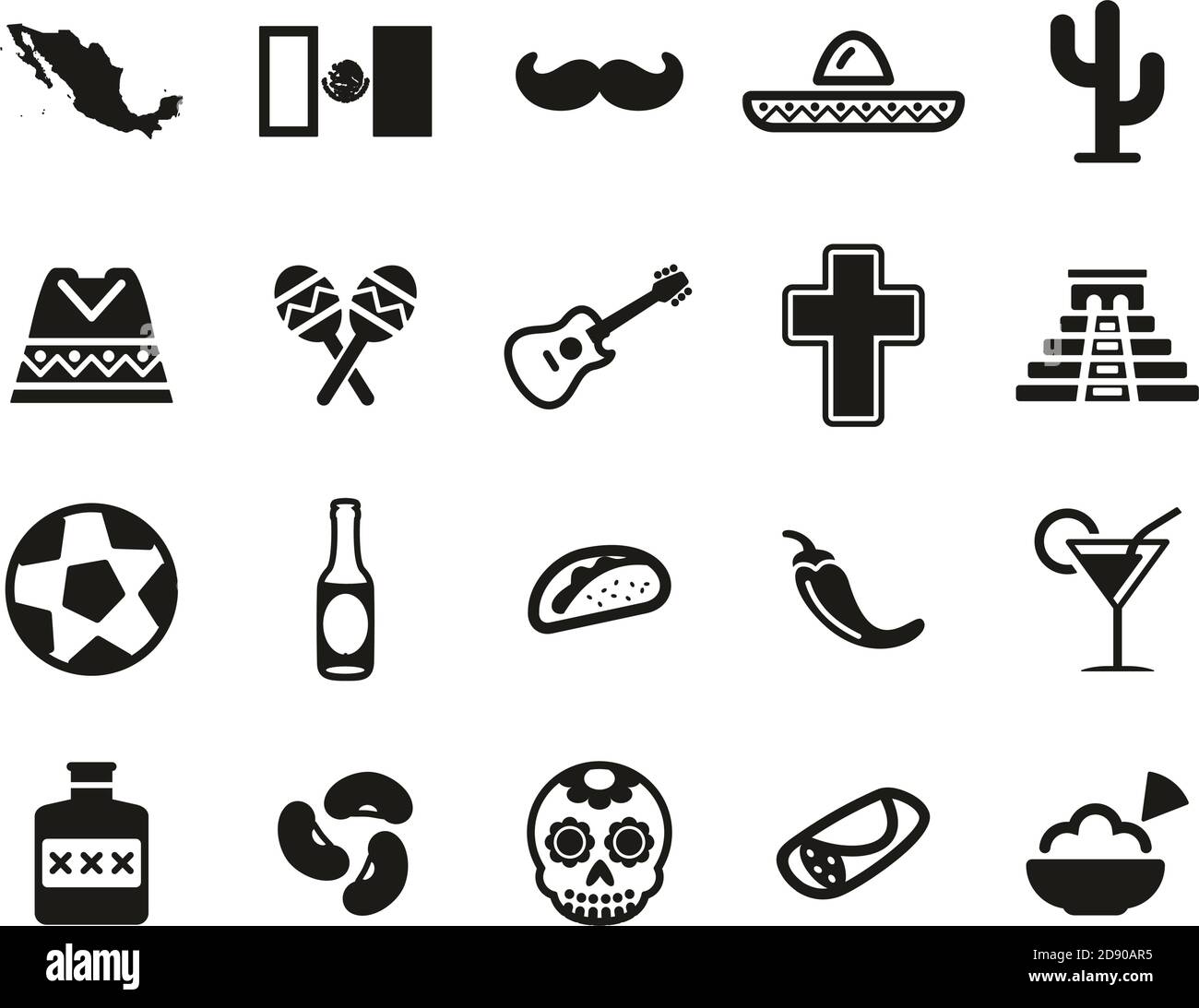 Mexico Country & Culture Icons Black & White Set Big Stock Vector