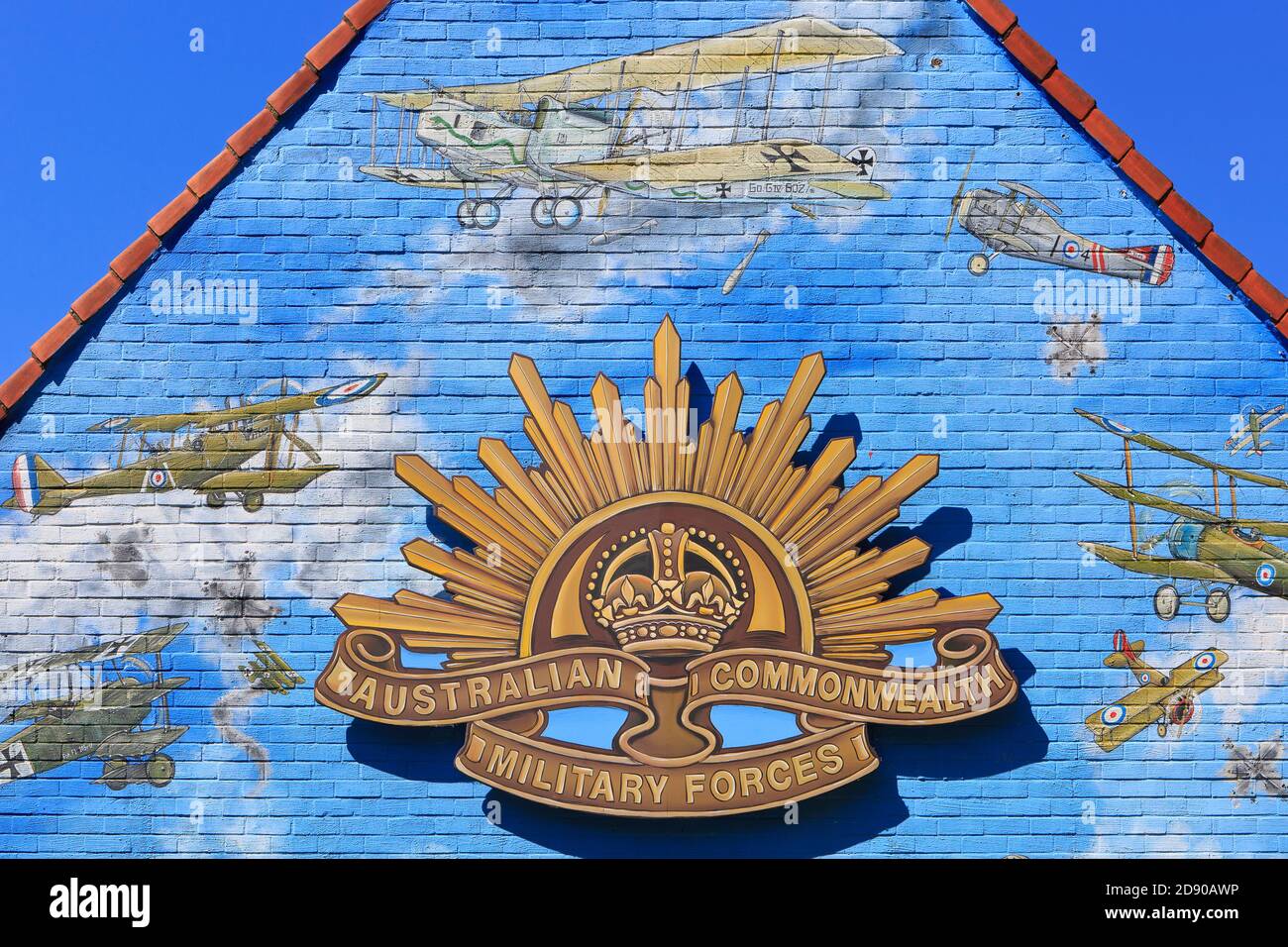 Regimental emblem of the Australian Commonwealth Military Forces on the facade of the Dreve restaurant/cafe in Polygon Wood near Zonnebeke, Belgium Stock Photo