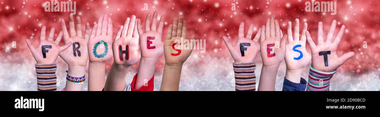 Children Hands Frohes Fest Means Merry Christmas, Red Christmas Background Stock Photo