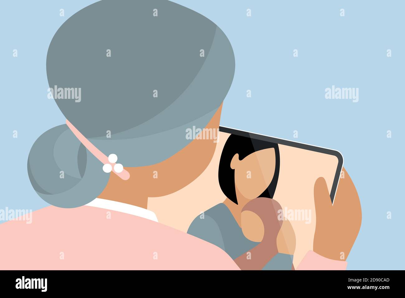 Three generations (grandmother, mother and baby) having a video call on tablet, staying connected during quarantine. Modern vector illustration. Stock Vector