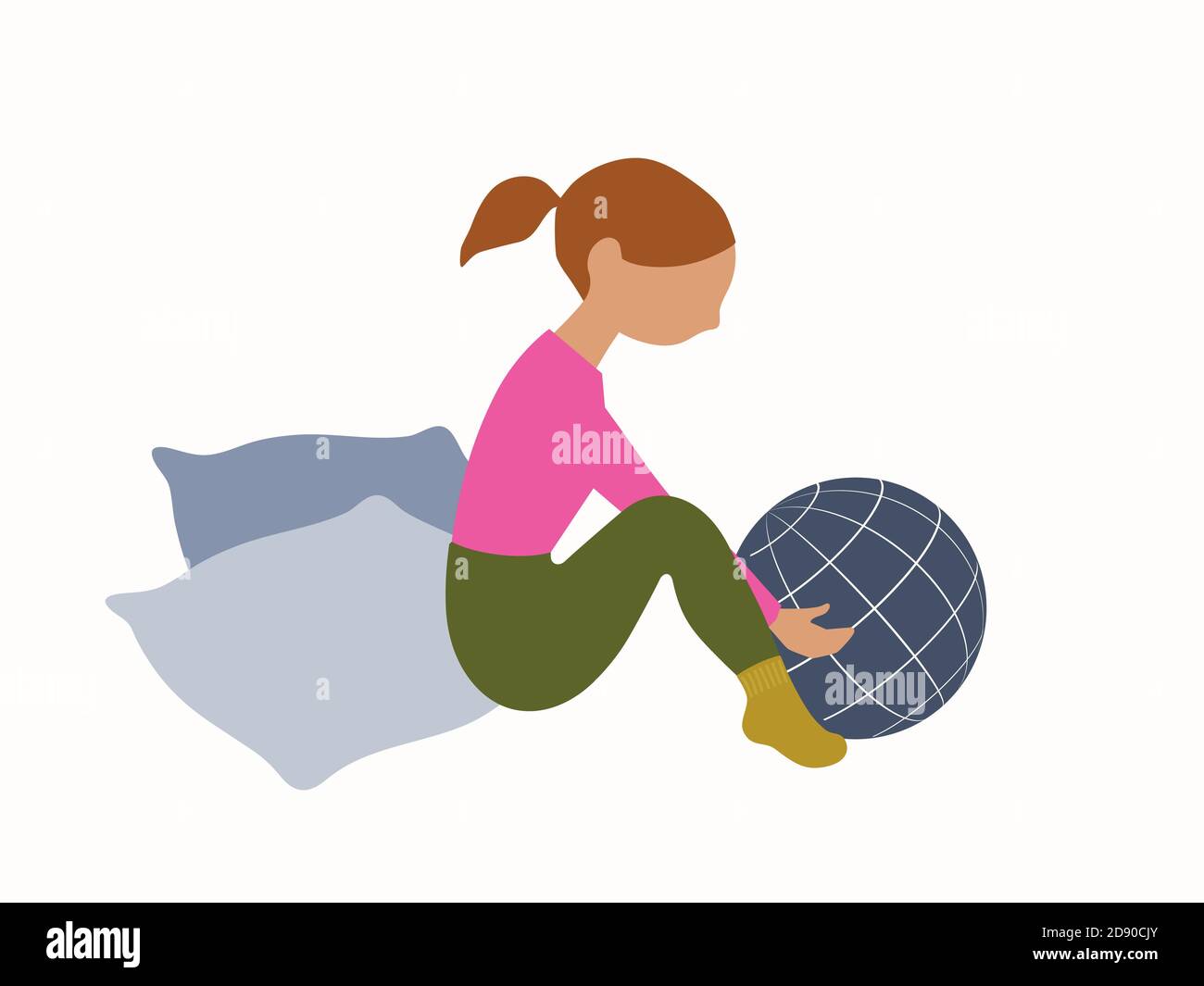 Little girl sitting and holding globe / planet earth in hands. Modern flat vector illustration. Stock Vector