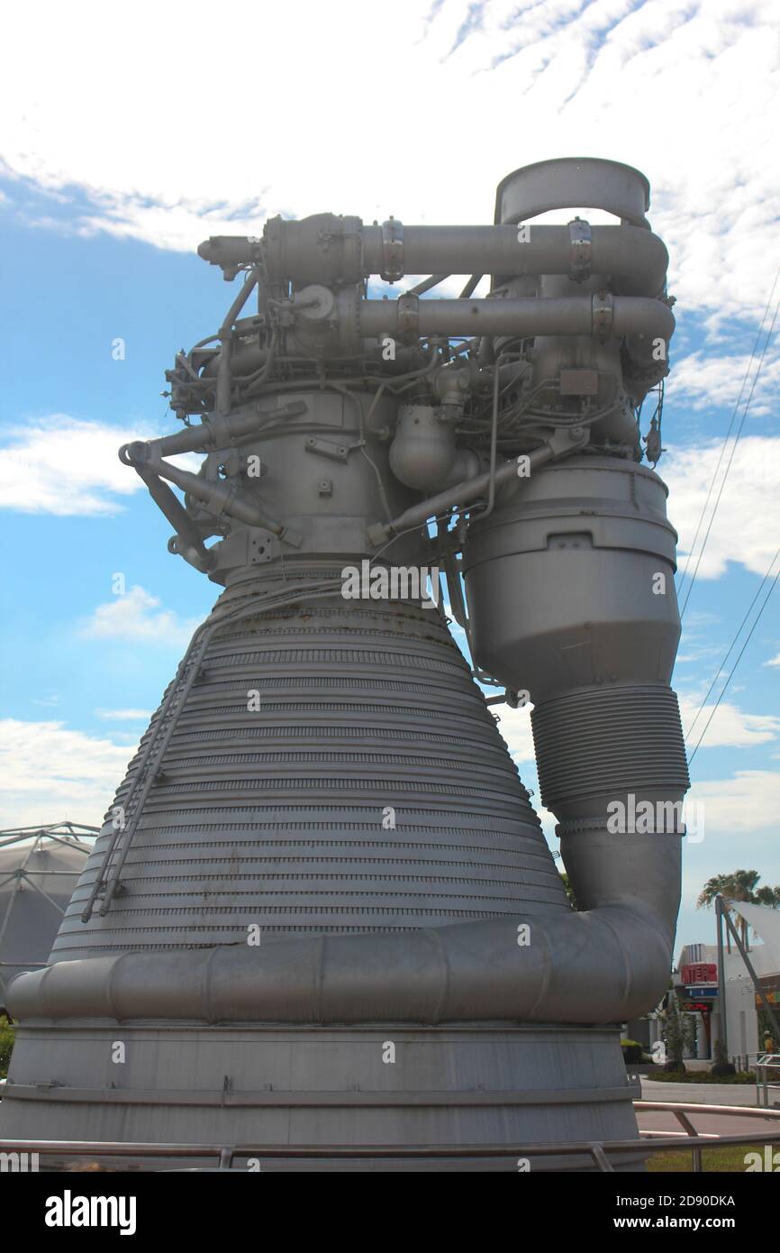A Saturn V f1 engine in the Rocket Garden at the Kennedy Space Center