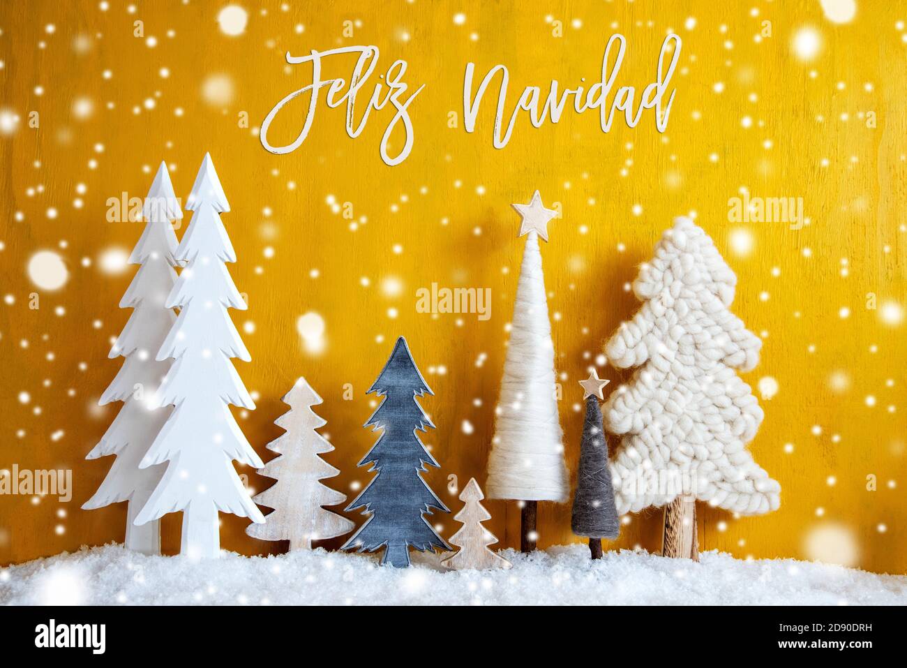 Trees, Snowflakes, Yellow Background, Feliz Navidad Means Merry Christmas Stock Photo