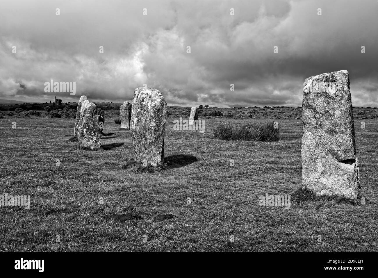 Part of one of the 'Hurlers' Stone Circles, Minions, Cornwall, England, UK. (BW) Stock Photo
