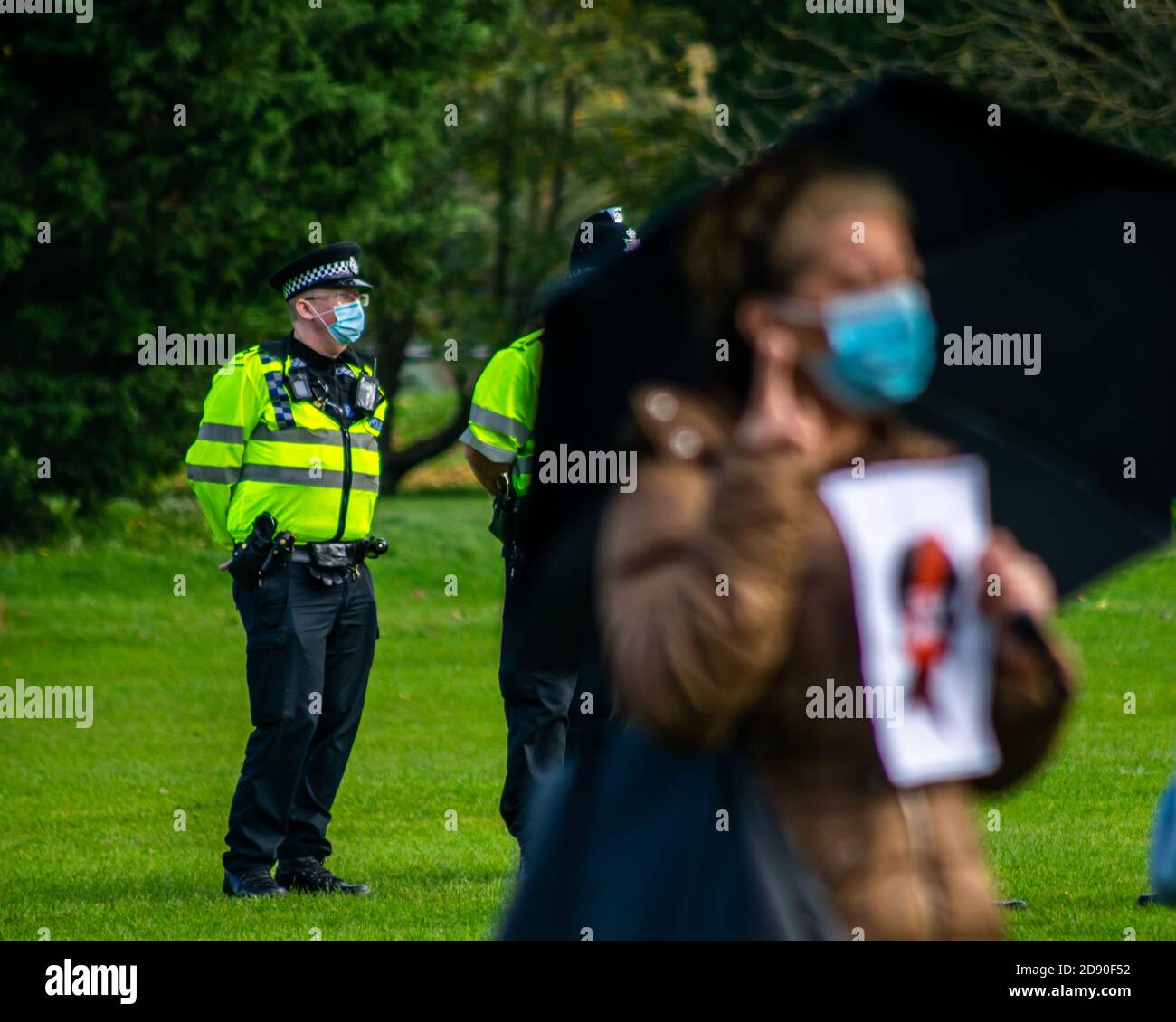 Oxford, United Kingdom - November 1, 2020: Polish pro choice protest in University Parks Oxford, peaceful protest against the anti-abortion law ruled Stock Photo