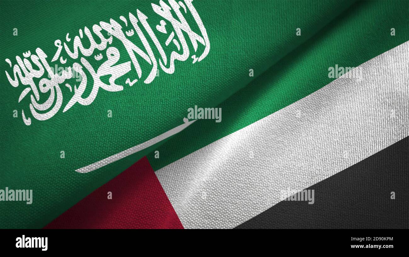 United Arab Emirates and Saudi Arabia flags together relations textile ...