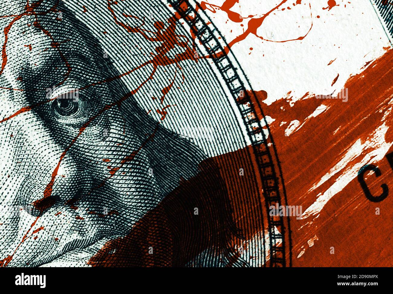 Blood money concept. Fragment of a one hundred dollar bill with blood stains Stock Photo