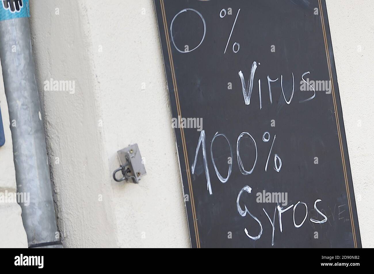 Berlin Germany 02nd Nov 2020 At A Greek Restaurant There Is A Sign Saying 0 Percent Virus 100 Percent Gyros A Four Week Partial Lockdown Began Throughout Germany On Monday November 2 2020