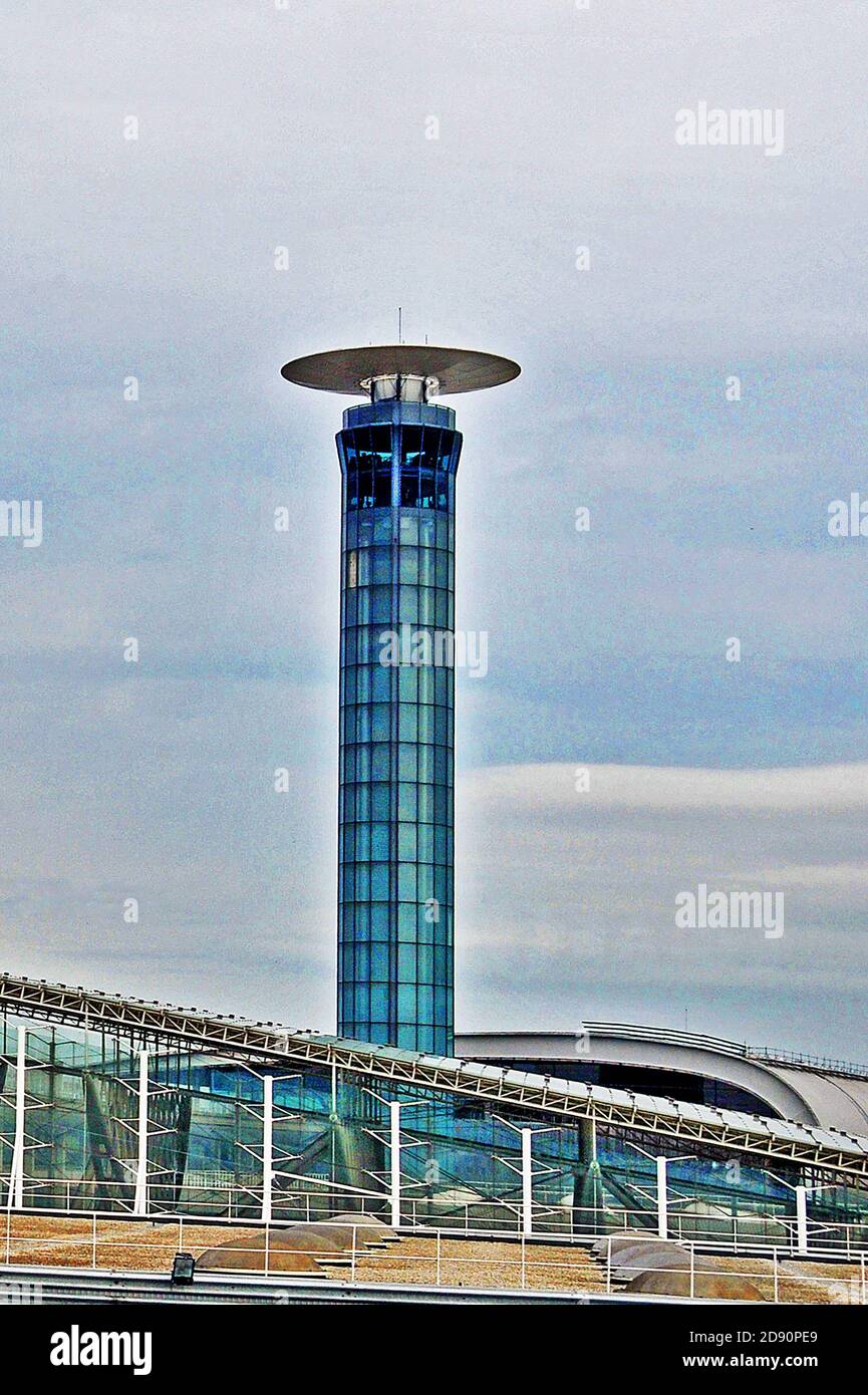 Control tower, Roissy Charles de Gaulle international airport, terminal 2, Paris, France Stock Photo