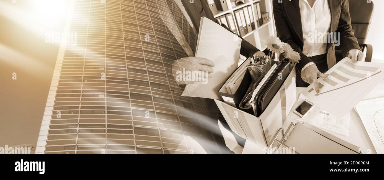 Employee laid off by a businesswoman; multiple exposure Stock Photo Alamy