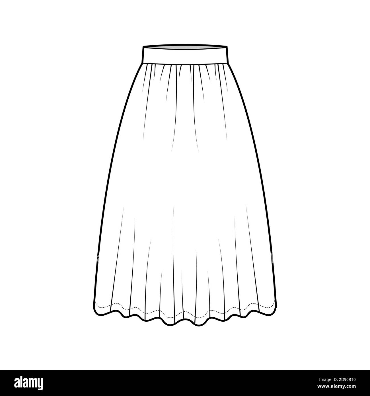 Skirt dirndl technical fashion illustration with below-the-knee lengths ...