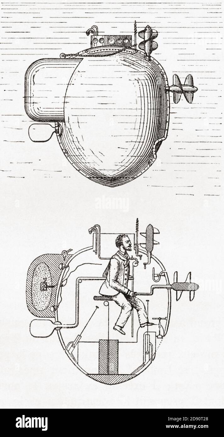 Turtle (also called American Turtle), the world's first submersible vessel,  showing the elevation, top, and the cross section, bottom. Constructed in  1775 by American David Bushnell as a means of attaching explosive