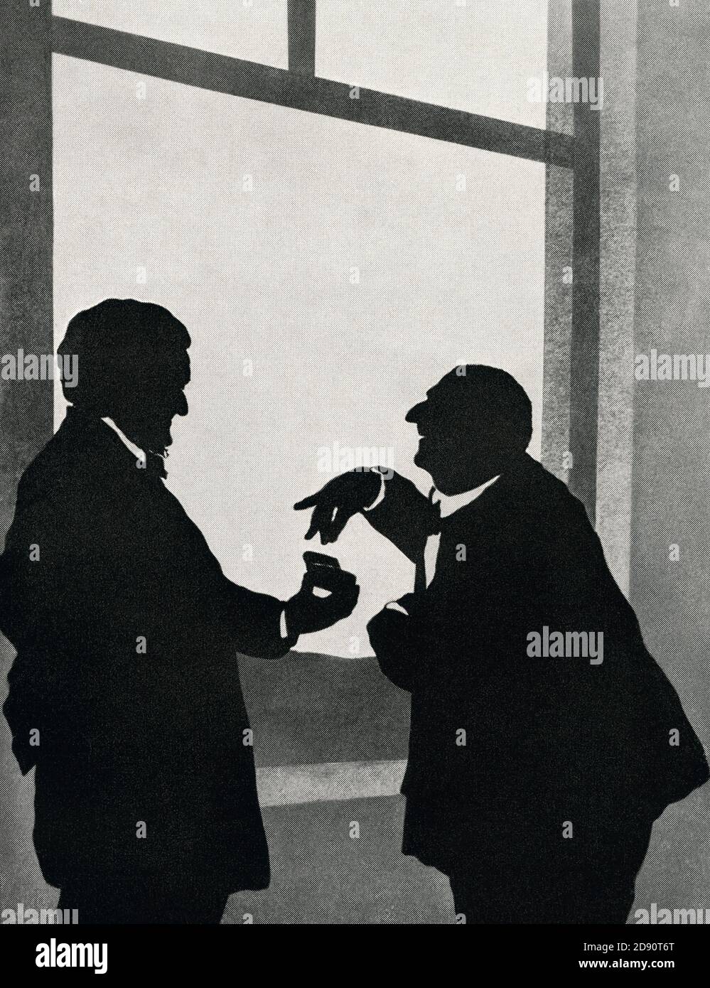 Richard Wagner, left, offers snuff to Anton Bruchner.  A paper cutting or silhouette by Otto Böhler the Austrian silhouette artist.  Wilhelm Richard Wagner, 1813 – 1883. German composer, theatre director, polemicist, and conductor.  Josef Anton Bruckner, 1824 – 1896. Austrian composer, organist, and music theorist.  From Anton Bruchner, 1824 - 1896, Sein Leben in Bildern (His Life in Pictures) Stock Photo