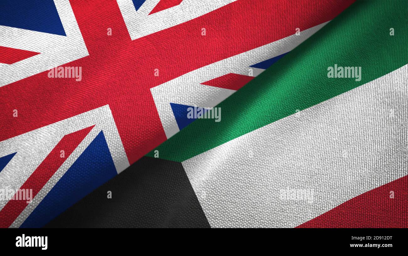 United Kingdom and Kuwait two flags textile cloth, fabric texture Stock Photo