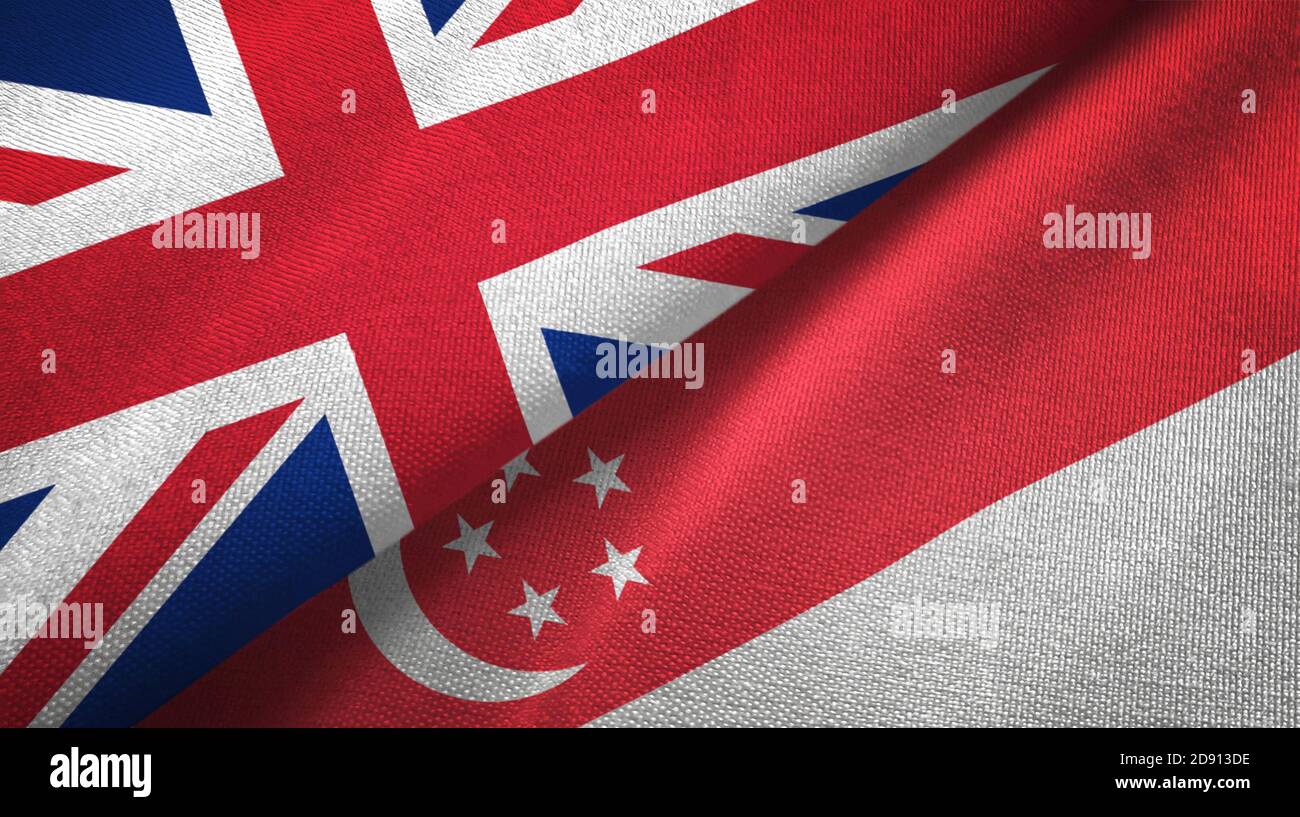 United Kingdom and Singapore two flags textile cloth, fabric texture Stock Photo