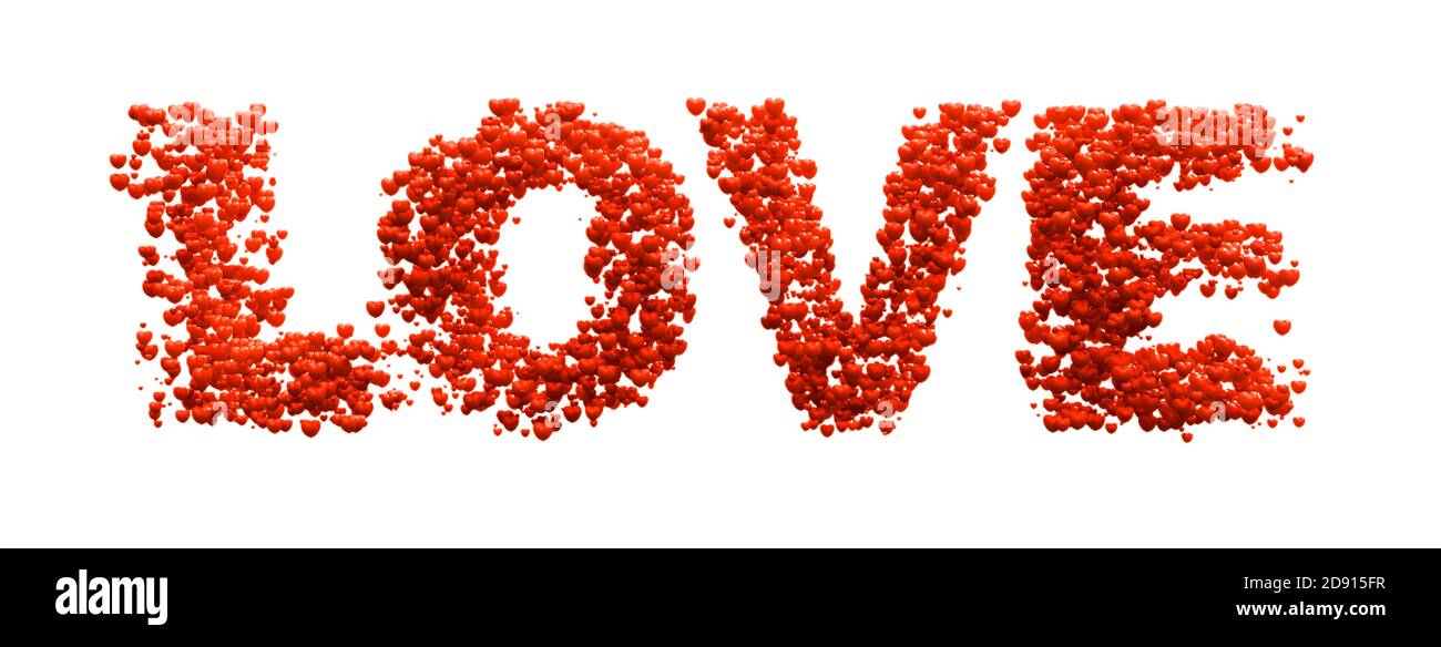 love written in 3d cgi with many small red hearts Stock Photo