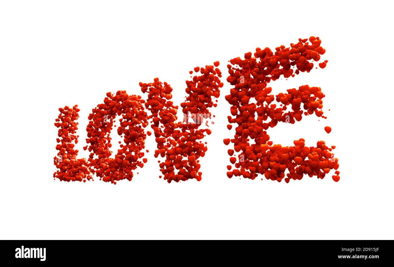 love written in 3d cgi with many small red hearts Stock Photo