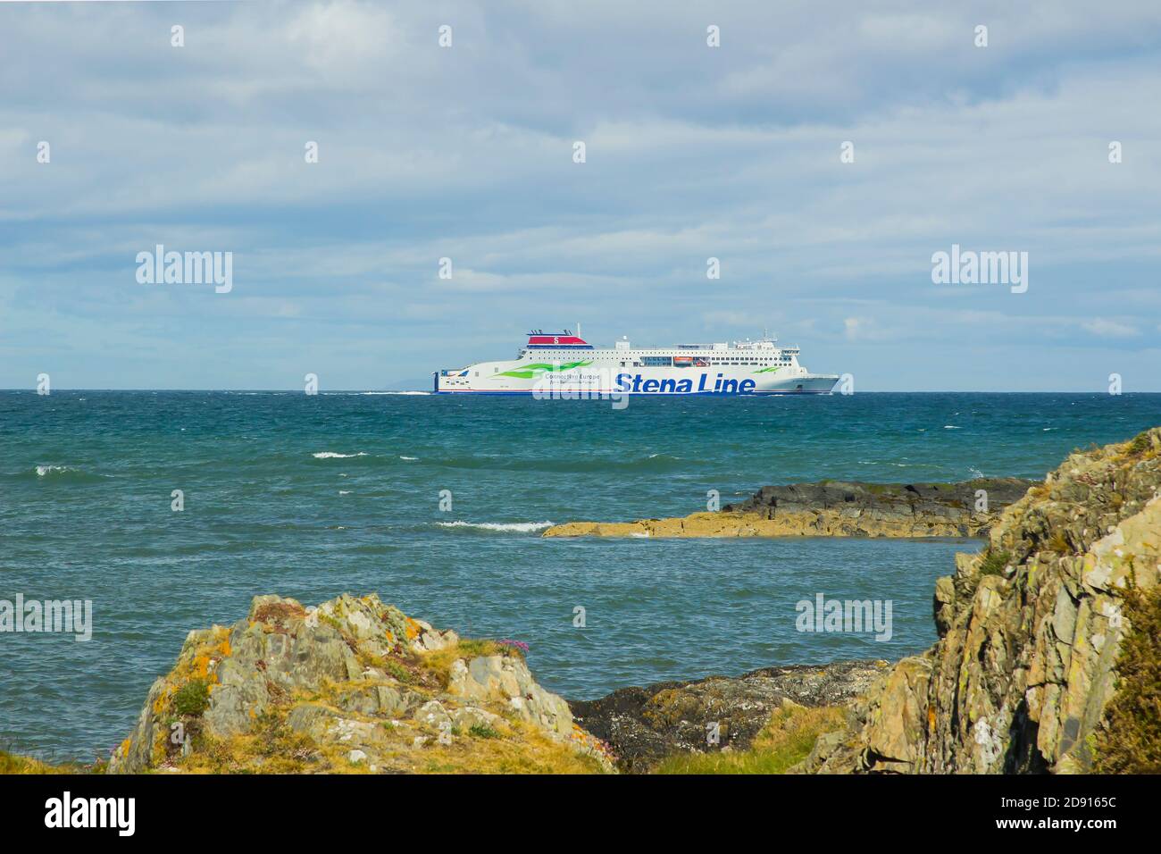 3 June 2020, The stenaline ship Stena Edda leaving the mouth of Belfast Lough on the Irish Sea as it sets course for the short journey to Liverpool on Stock Photo