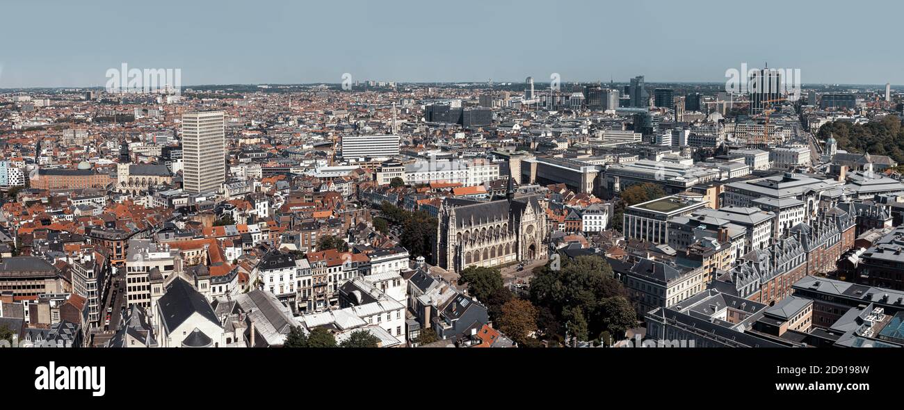 BRUSSELS, BELGIUM - May 14, 2019: Roofs and streets of Brussels. Panoramic view on Notre Dame du Sablon's Cathedral. Aerial View on the Church of Our Stock Photo