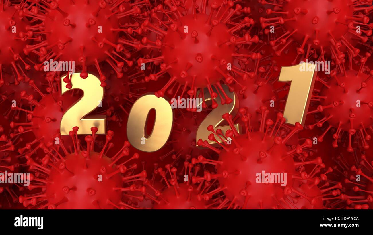 2021 with a lot of viruses happy new year background 3D rendering Stock Photo