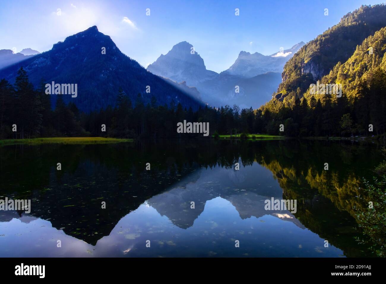 Spitzmauer and Großer Priel reflected in Schiederweiher lake in Totes Gebirge Stock Photo