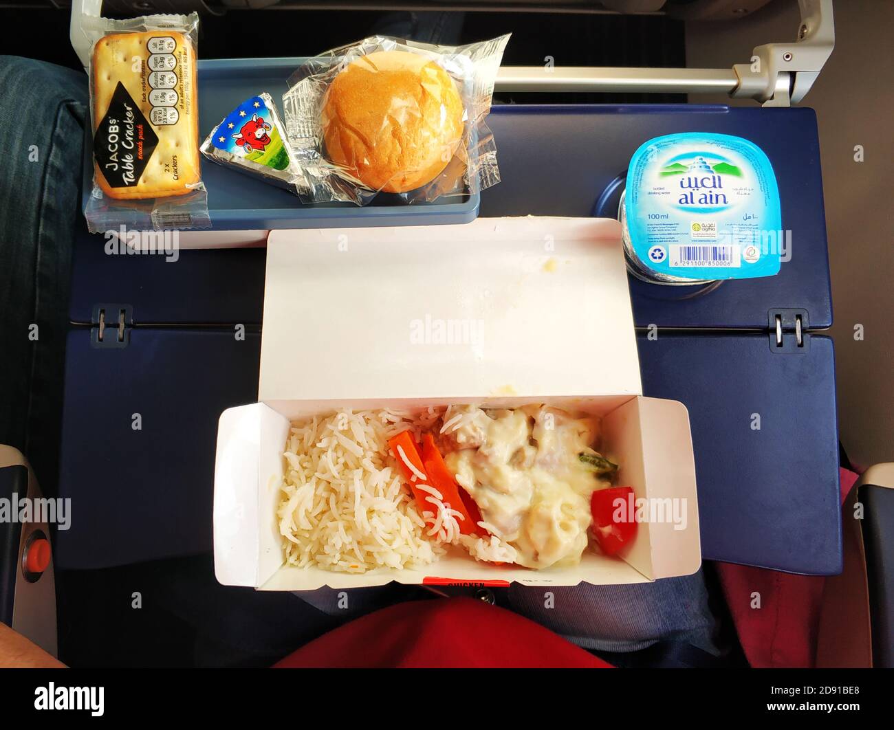 A set of lunch dishes for a flydubai passenger. Food on the plane Stock