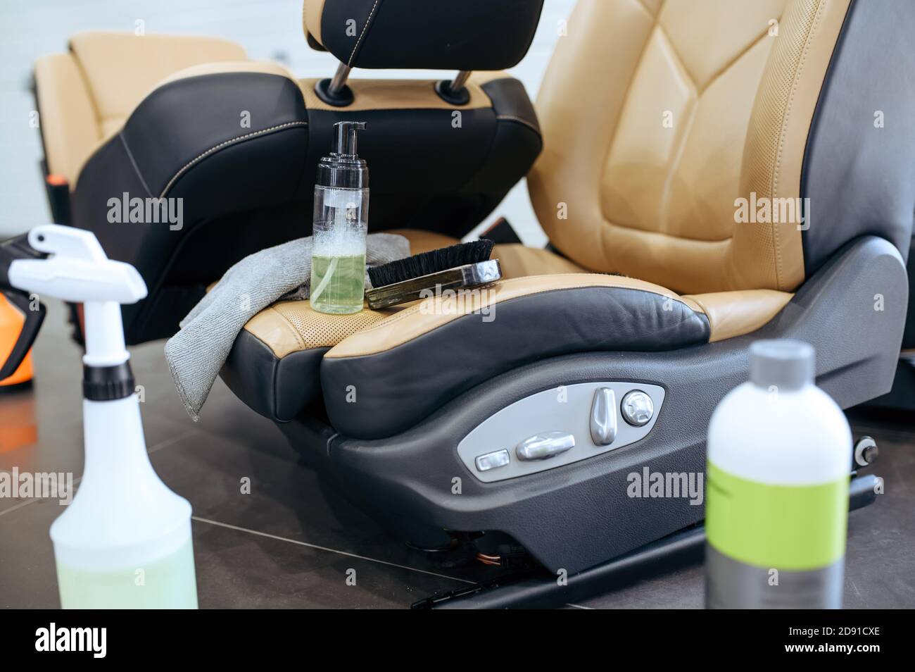 Leather car seats and tools for dry cleaning Stock Photo Alamy