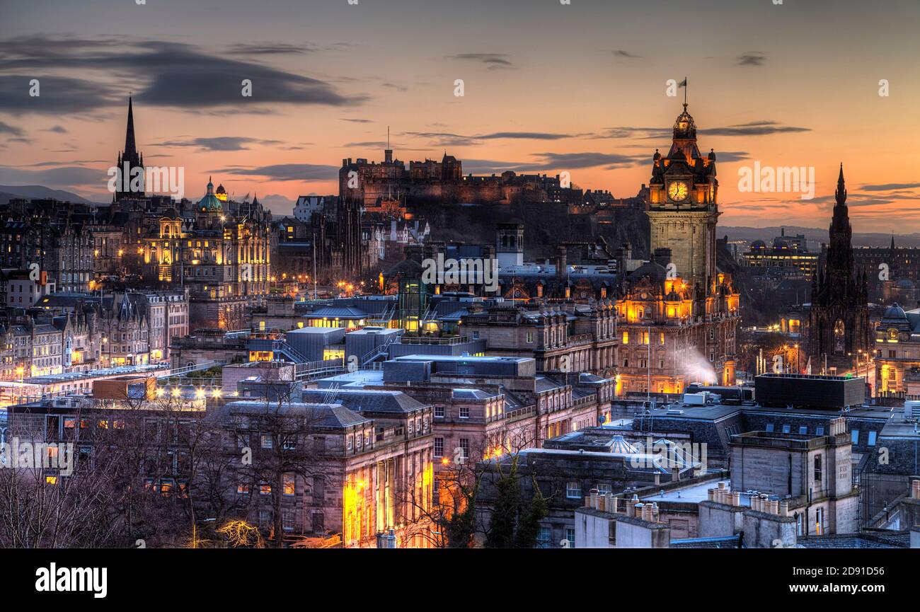 The town of Edinburgh at sunset Scotland Stock Photo