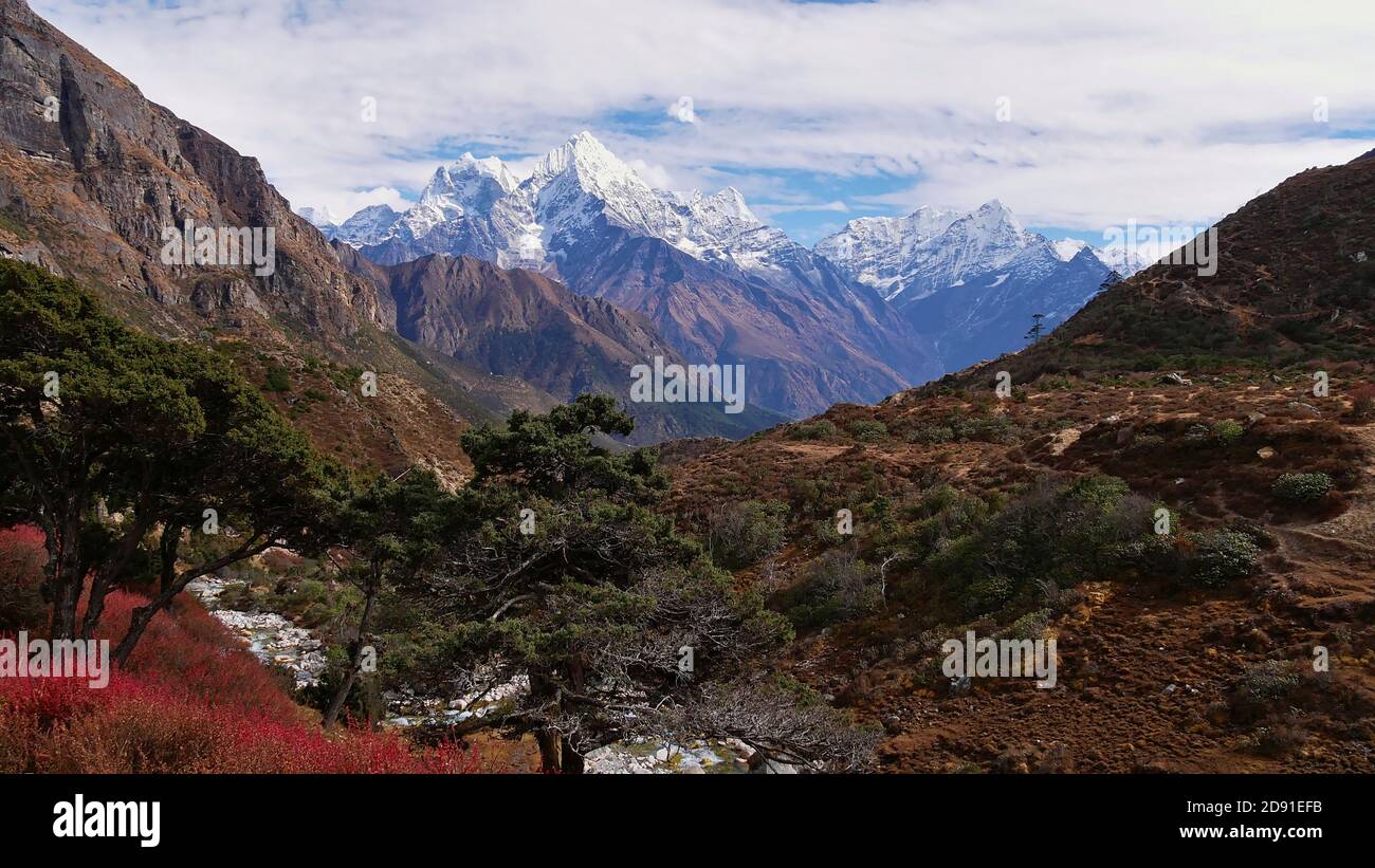Stunning mountain panorama in the Himalayas including majestic Thamserku (peak: 6,623 m) with red colored bushes and coniferous trees on foreground. Stock Photo
