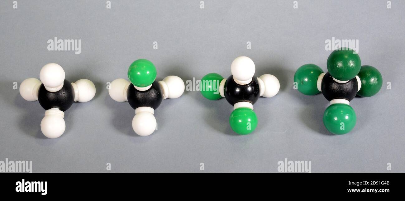 4 molecule models of methane with different grades of substitution. Stock Photo