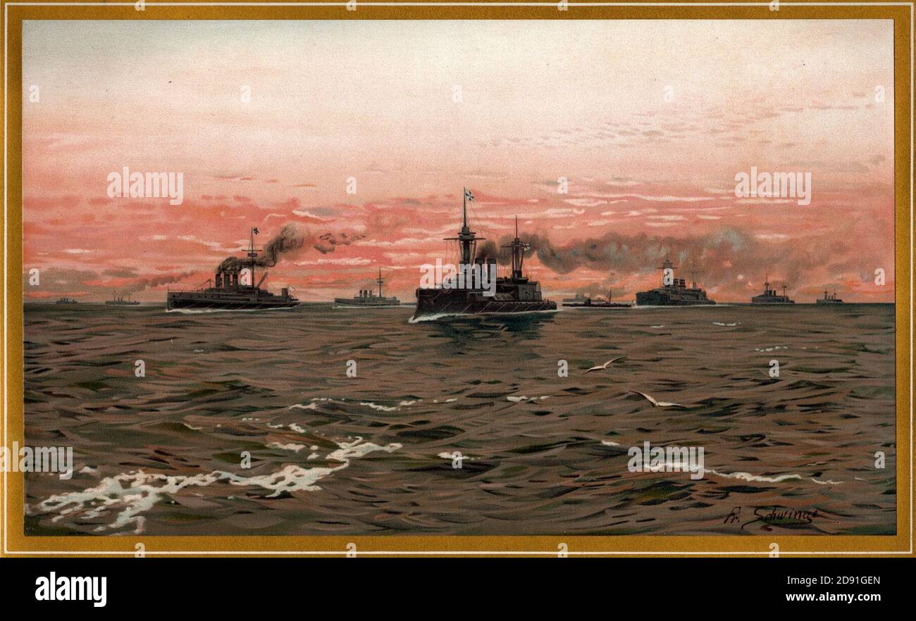 Kaiserliche Marine Flotten-Manöver in der Morgendämmerung von Friedrich Schwinge, nr20 aus G. Wislicenus, Unsre Kriegsflotte. Stock Photo